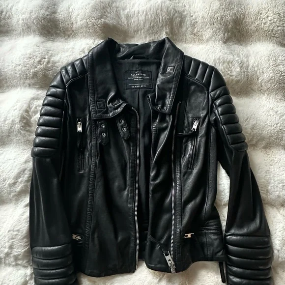 All Saints Quilted Black Leather Jacket - Picture 3 of 15
